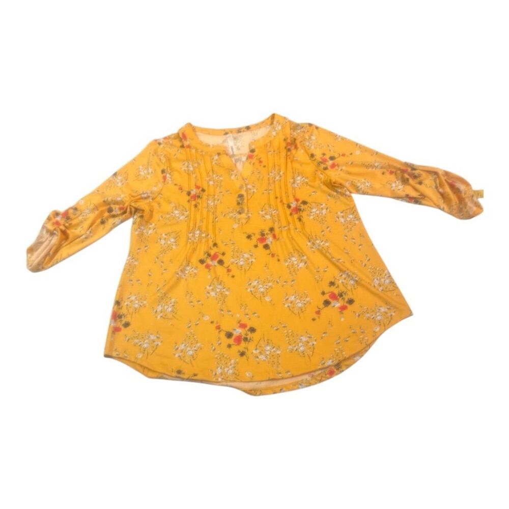 NY Collection Women's Floral Blouse Yellow V-Neck 3/4 Sleeve Standard Size M - Picture 7 of 15